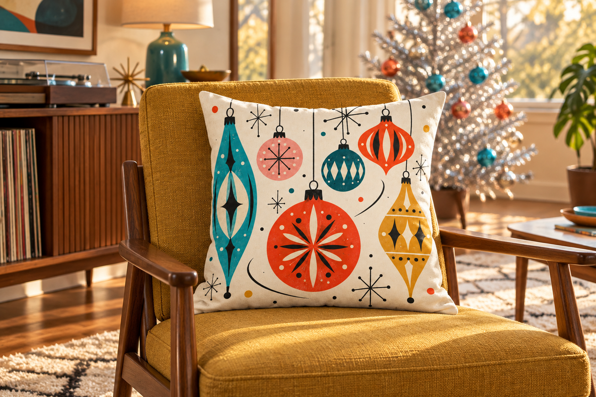 Retro Christmas Ornament Printed Velvet Pillow Cover pillow covers, lifestyle view 1: A low walnut lounge chair with ochre upholstery in an airy American mid-century living room, one small aluminum Christmas tree with coral and turquoise ornaments softly out of focus behind it, late afternoon sunlight and a vinyl console at left.