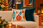 Retro Christmas Ornament Printed Velvet Pillow Cover pillow covers, lifestyle view 2: An ivory low-profile sofa with ONE reference pillow and one plain deep-teal cushion in a colorful modern living room.