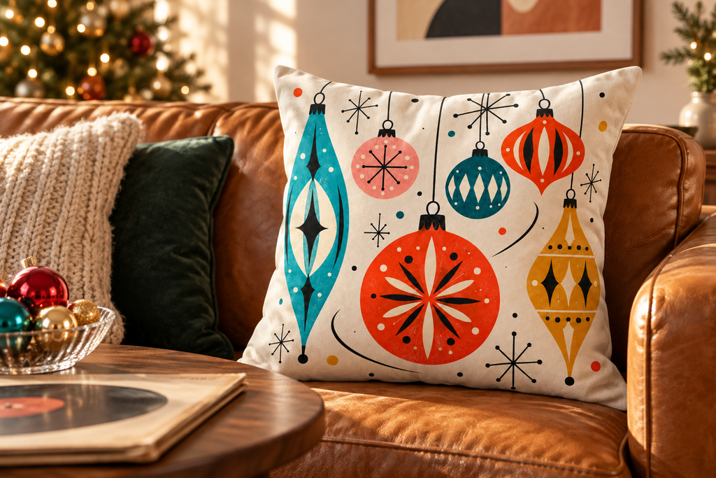 Retro Christmas Ornament Printed Velvet Pillow Cover pillow covers, lifestyle view 3: Close view of the reference pillow at the right-hand end of a cognac leather sofa, walnut coffee table at lower left with an unmarked record sleeve and a small glass bowl of colorful baubles.