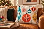 Retro Christmas Ornament Printed Velvet Pillow Cover pillow covers, lifestyle view 3: Close view of the reference pillow at the right-hand end of a cognac leather sofa, walnut coffee table at lower left with an unmarked record sleeve and a small glass bowl of colorful baubles.
