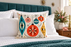 Retro Christmas Ornament Printed Velvet Pillow Cover pillow covers, lifestyle view 4: A light-filled guest bedroom with crisp white bedding, a teal headboard and one reference pillow centered in front of plain pillows.