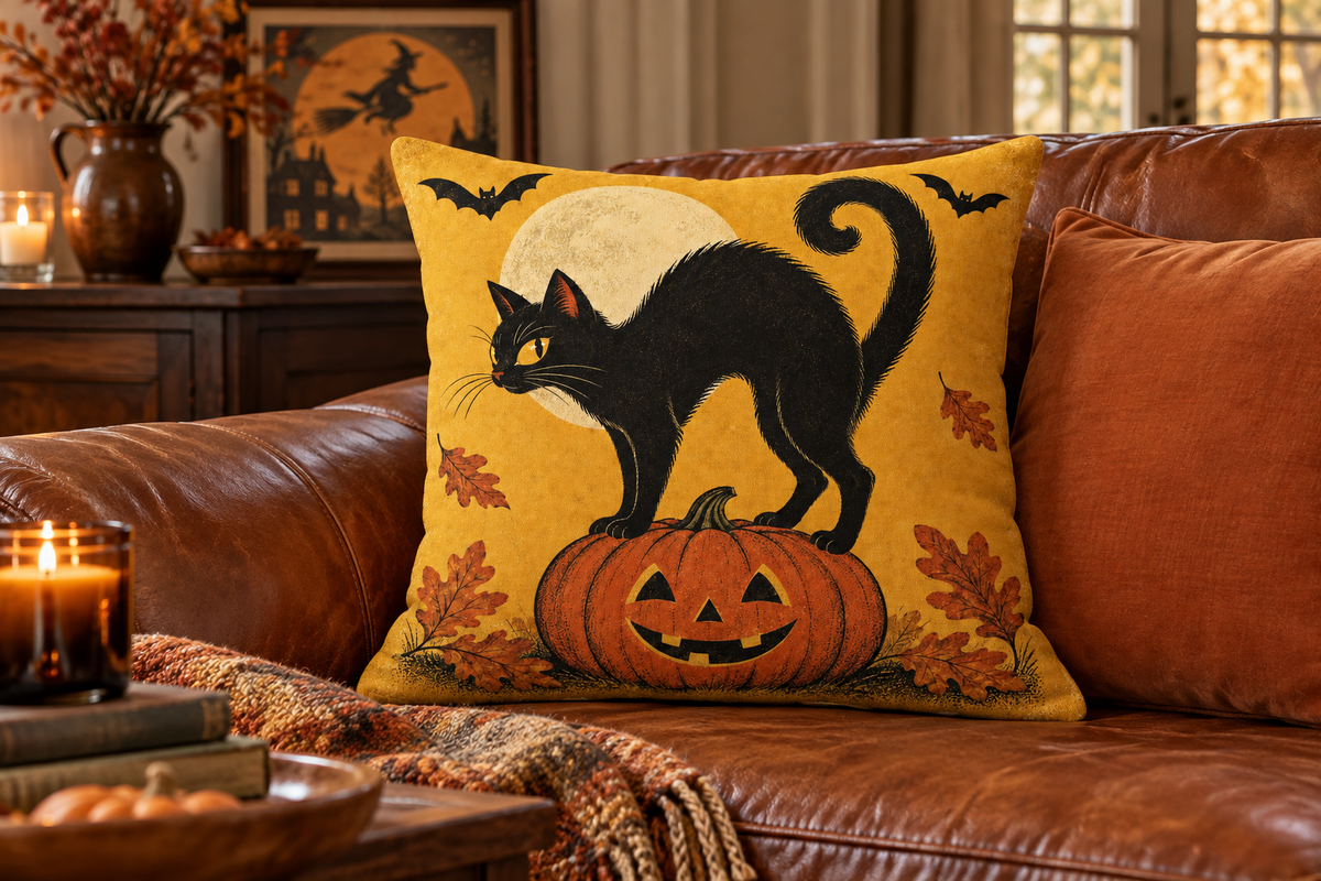 Retro Black Cat Halloween Printed Pillow Cover, lifestyle view 2: A prominent single pillow on a sofa beside one plain solid-colored cushion; medium interior composition, product fills at least 40 percent of frame.