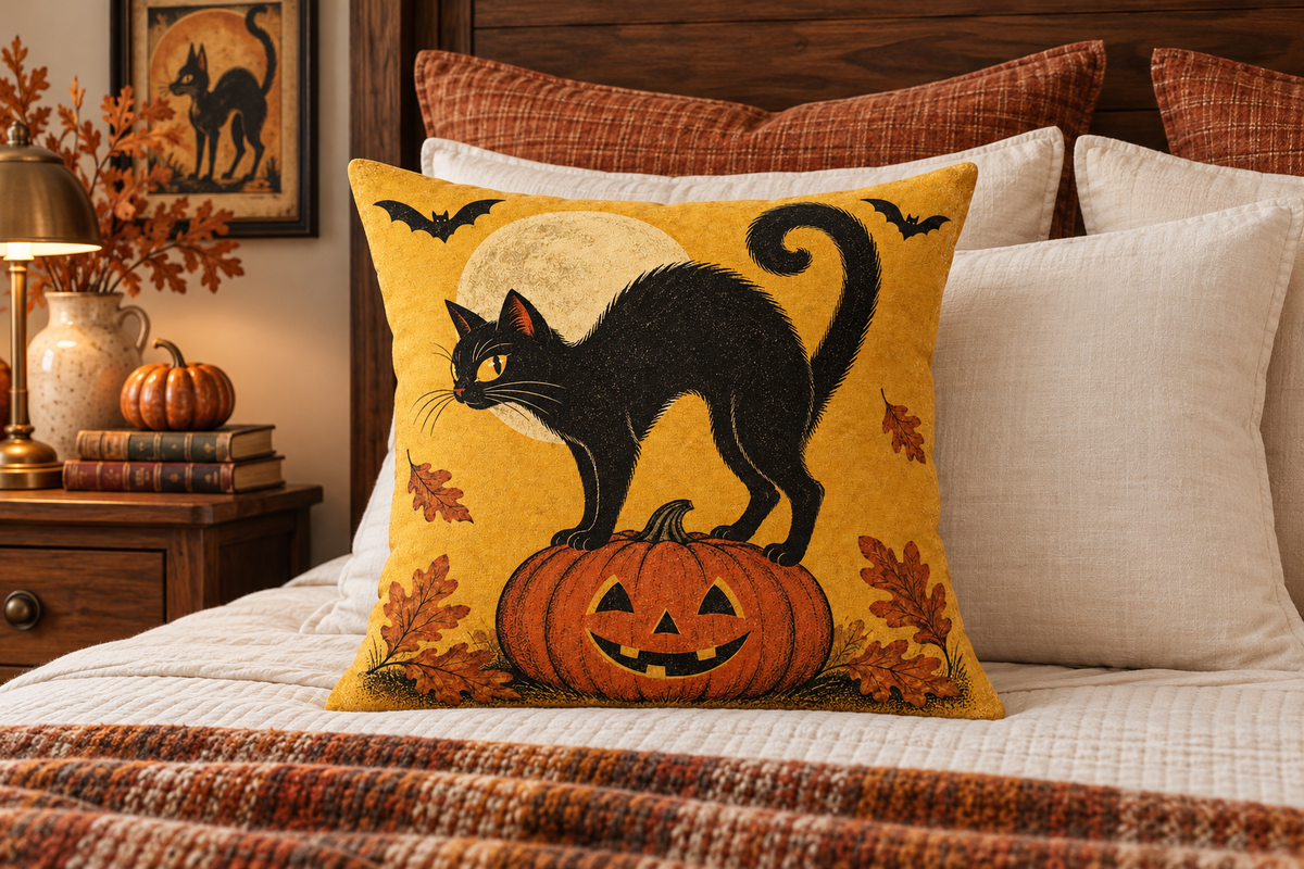 Retro Black Cat Halloween Printed Pillow Cover, lifestyle view 3: Centered in front of plain pillows on a neatly made guest bed; eye-level composition, believable 18-inch pillow scale.