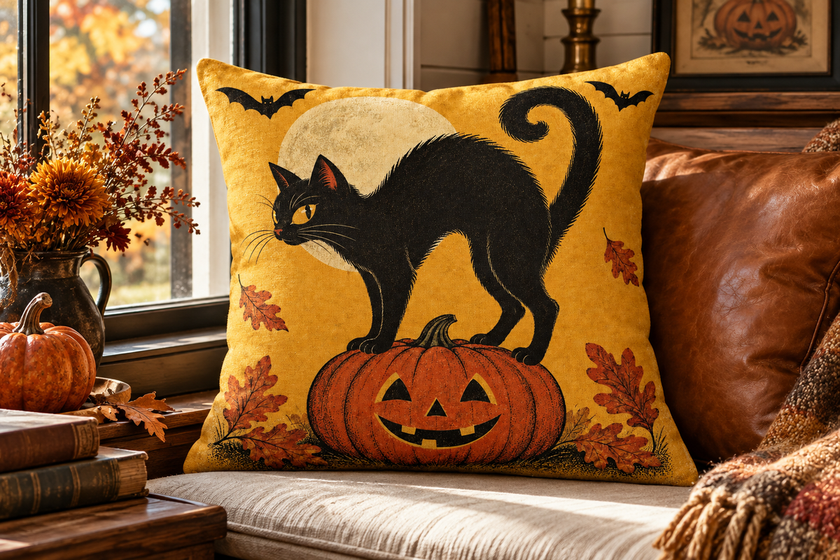 Retro Black Cat Halloween Printed Pillow Cover, lifestyle view 4: Close editorial view on an indoor window bench, full pillow and all edges visible, gentle side light reveals the real textile texture.