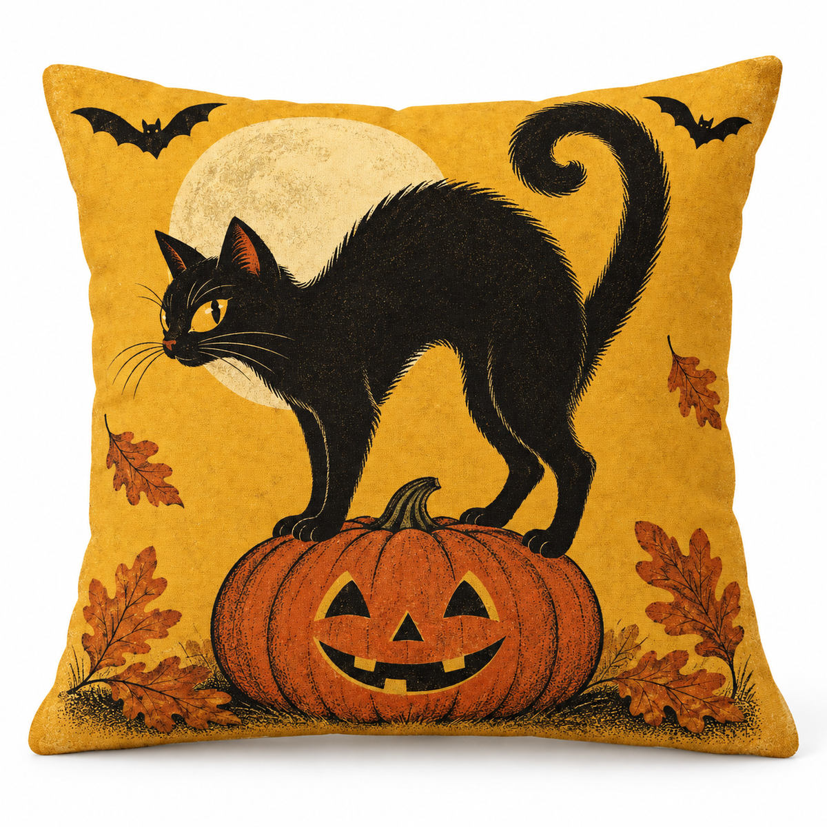 Retro Black Cat Halloween Printed Pillow Cover on a white background, showing the complete printed design.