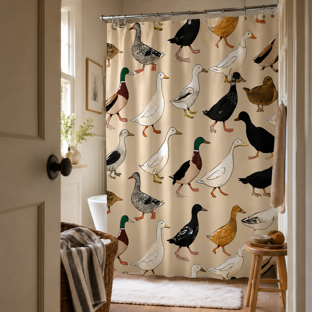 A country style duck print shower curtain viewed through an open bathroom door, creating a cozy and warm home atmosphere.