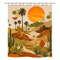 Retro artistic desert landscape shower curtain featuring a large orange sun, palm trees, cacti, and geometric collage elements.