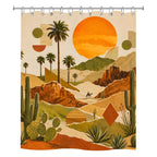 Retro artistic desert landscape shower curtain featuring a large orange sun, palm trees, cacti, and geometric collage elements.