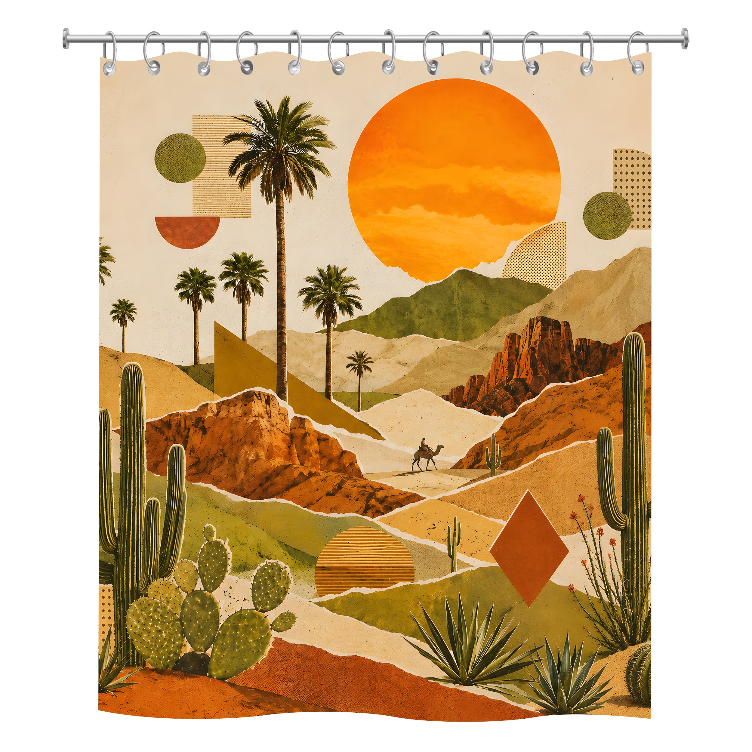 Retro artistic desert landscape shower curtain featuring a large orange sun, palm trees, cacti, and geometric collage elements.