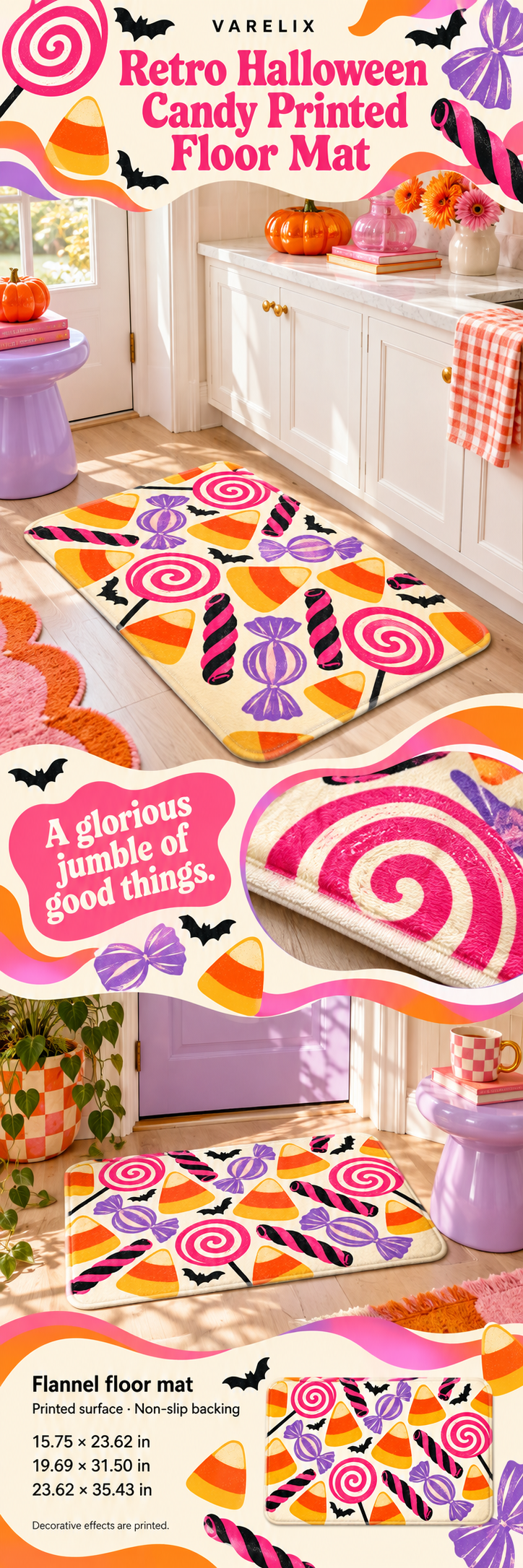 Retro Halloween Candy Printed Floor Mat by VARELIX, A+ detail poster with verified material, sizes and included items.