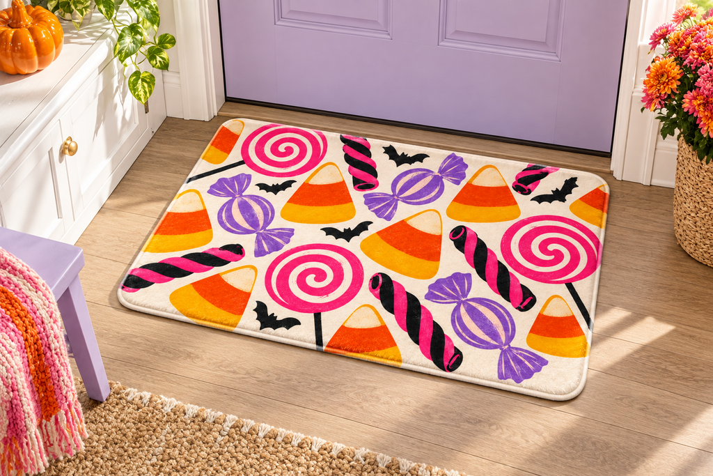 Retro Halloween Candy Printed Floor Mat, lifestyle view 1: One mat laid flat INSIDE the front door, full landscape mat and all four rounded corners visible at small accent-mat scale, angled downward photography.