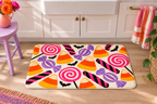 Retro Halloween Candy Printed Floor Mat, lifestyle view 2: One mat on the kitchen floor in front of a sink or coffee station, full printed surface readable, no furniture hiding the design.