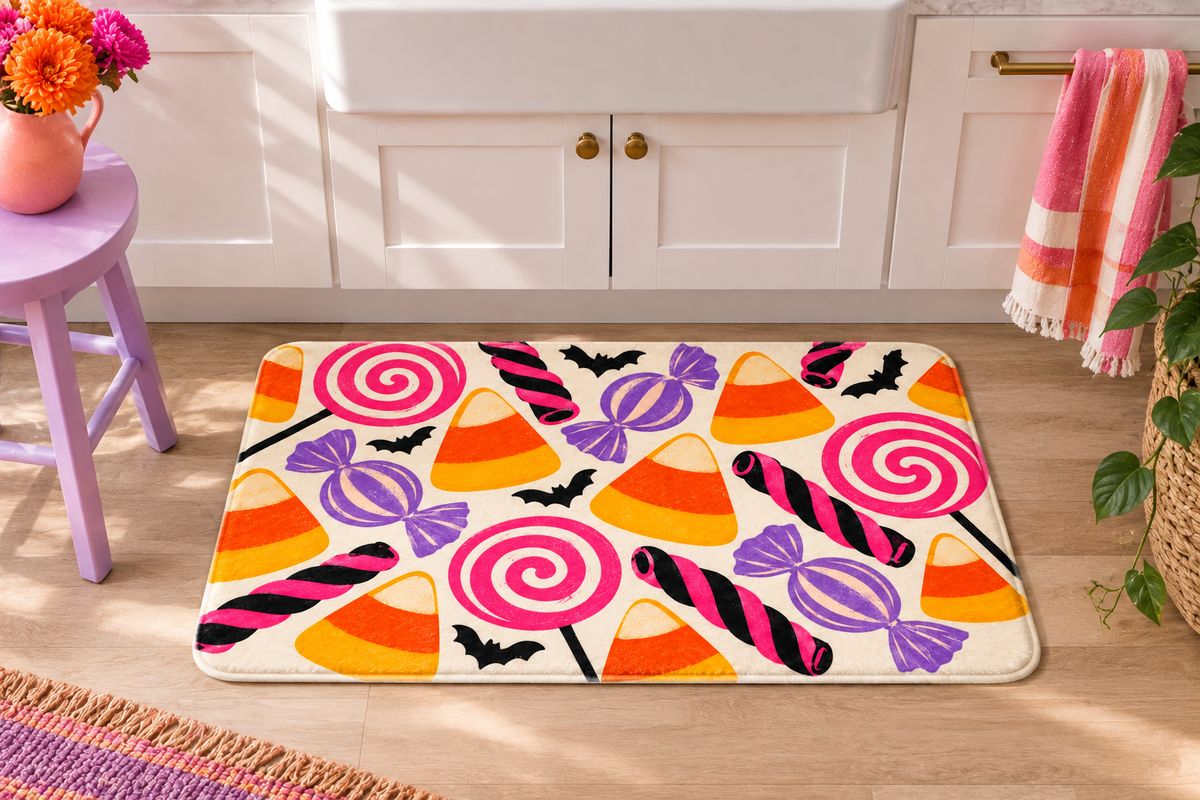 Retro Halloween Candy Printed Floor Mat, lifestyle view 2: One mat on the kitchen floor in front of a sink or coffee station, full printed surface readable, no furniture hiding the design.