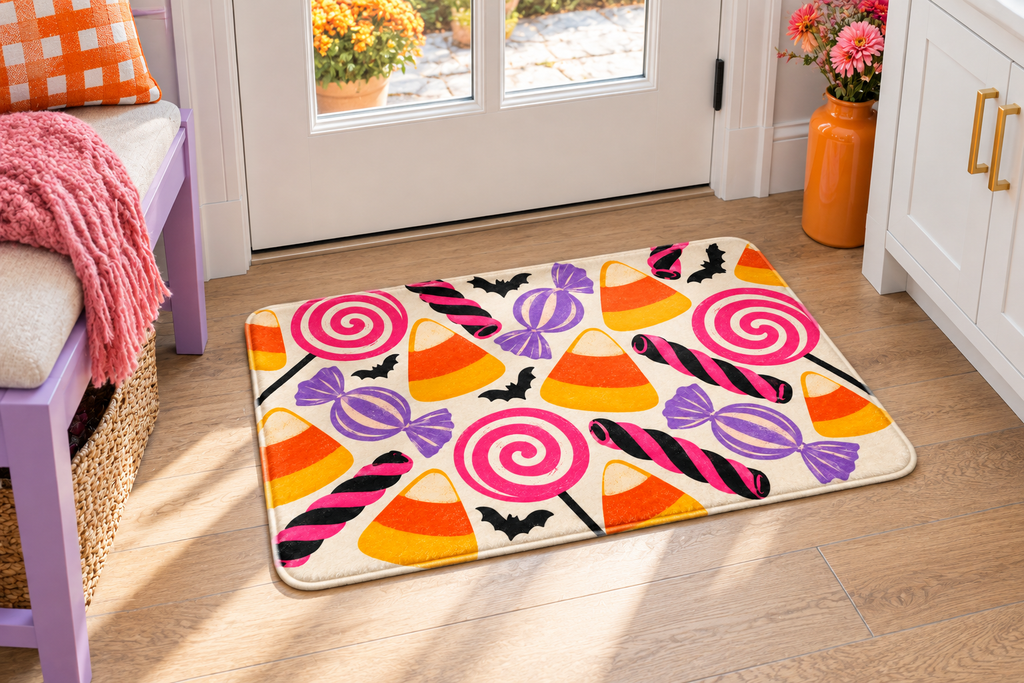 Retro Halloween Candy Printed Floor Mat, lifestyle view 3: One mat in a tidy indoor mudroom beside a small bench, photographed slightly above with realistic 16 by 24 inch scale.