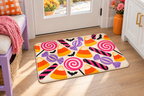 Retro Halloween Candy Printed Floor Mat, lifestyle view 3: One mat in a tidy indoor mudroom beside a small bench, photographed slightly above with realistic 16 by 24 inch scale.