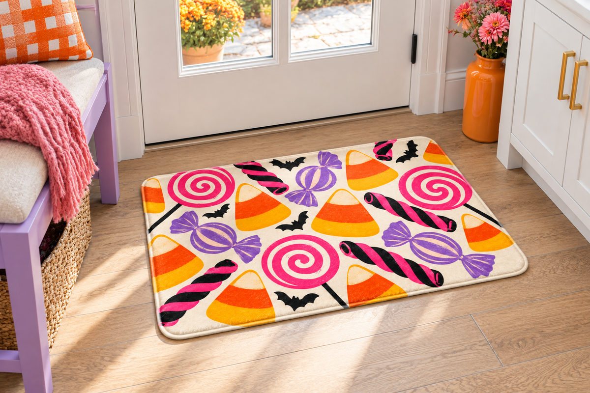 Retro Halloween Candy Printed Floor Mat, lifestyle view 3: One mat in a tidy indoor mudroom beside a small bench, photographed slightly above with realistic 16 by 24 inch scale.