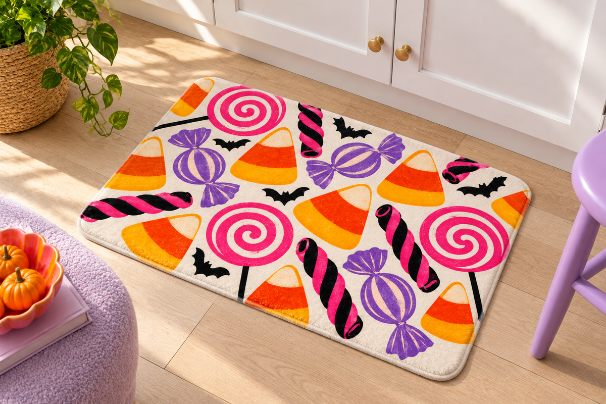 Retro Halloween Candy Printed Floor Mat, lifestyle view 4: Close overhead-oblique view of one mat on a clean pale-wood floor near a cabinet, all four corners in frame, soft side light reveals short flannel nap.