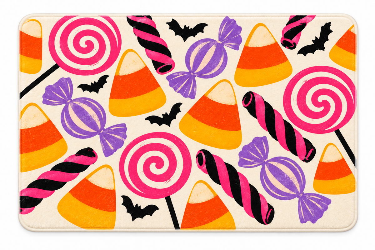 Retro Halloween Candy Printed Floor Mat on a white background, showing the complete printed design.