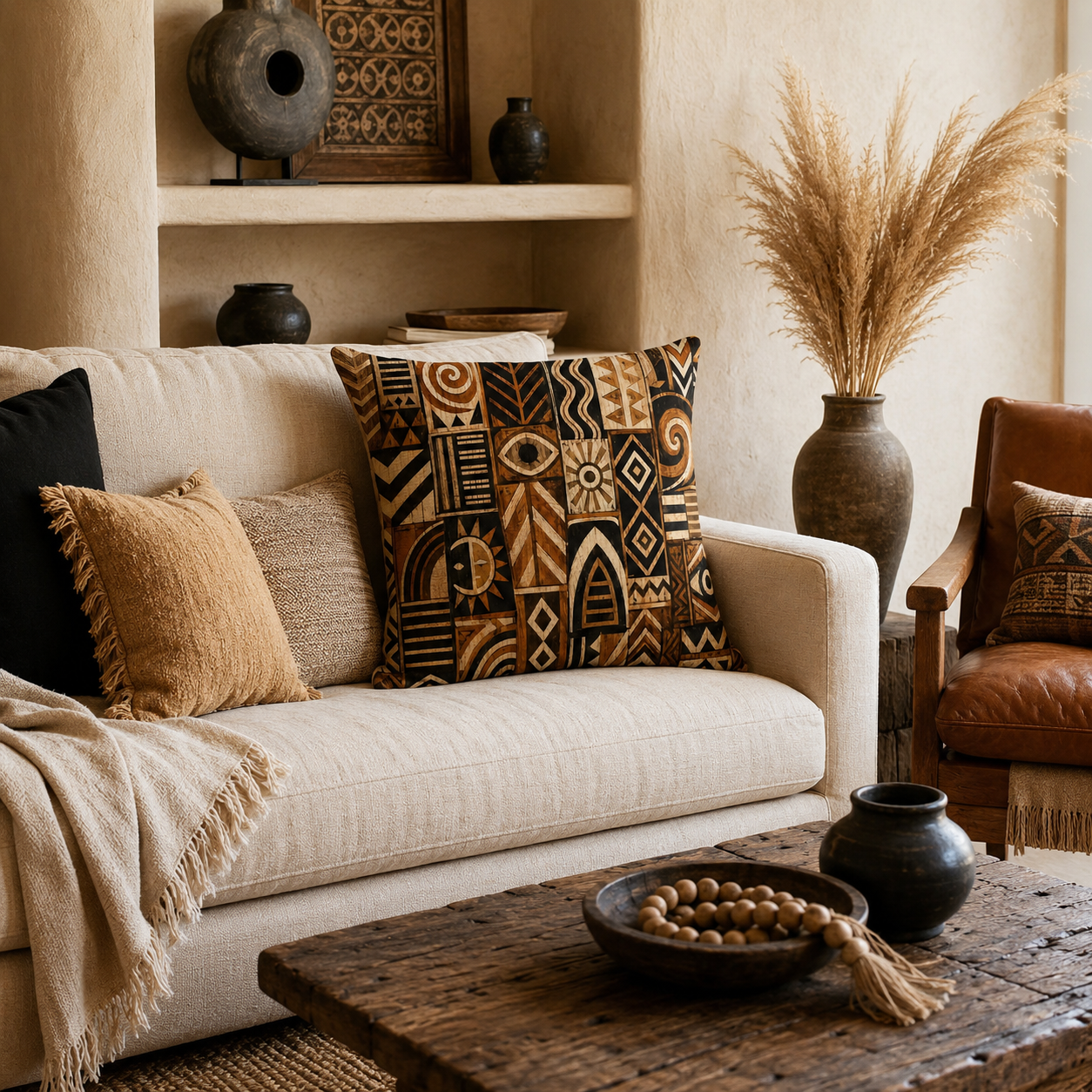 A retro tribal-patterned throw pillow styled on a warm beige fabric sofa, surrounded by ethnic decor, a rustic wooden coffee table with a beaded garland, and a vase of dried pampas grass.