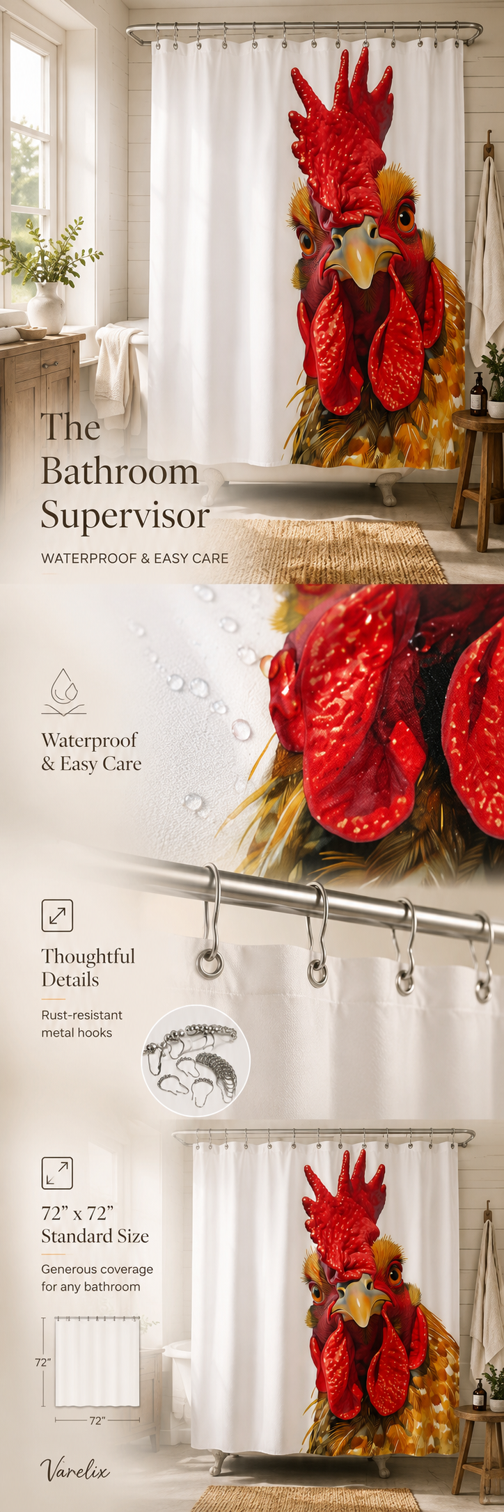 Product infographic for a rooster shower curtain highlighting waterproof fabric and standard dimensions.