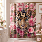 Rose leopard shower curtain styled in a soft pink bathroom
