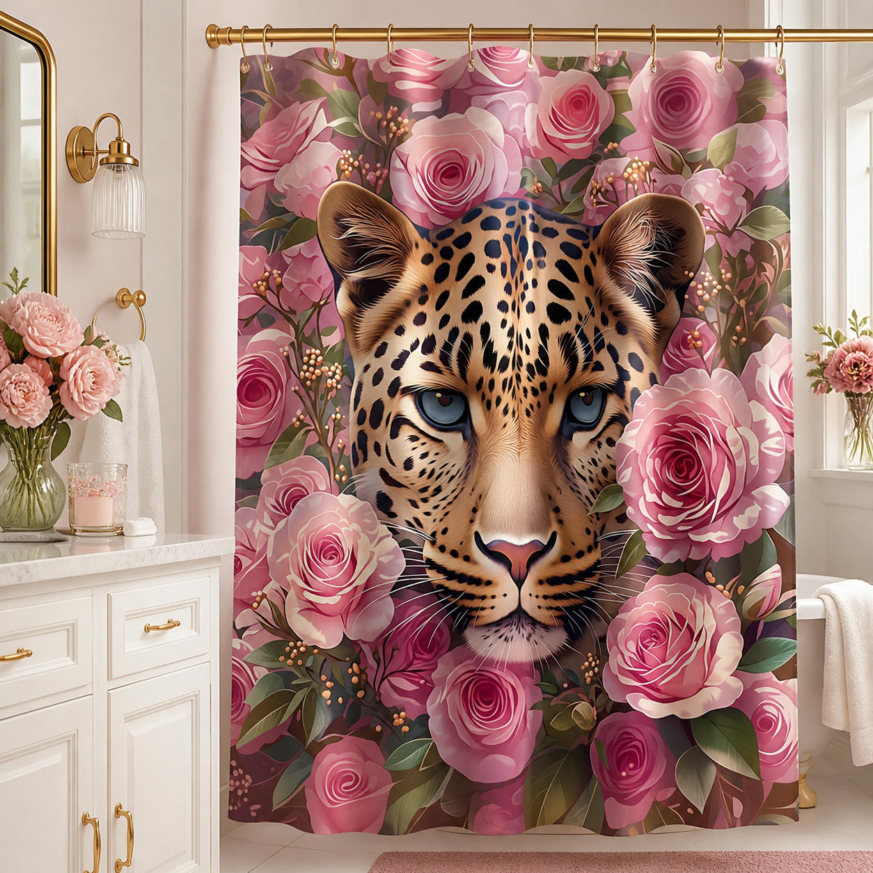 Bold leopard rose shower curtain for a stylish floral bathroom