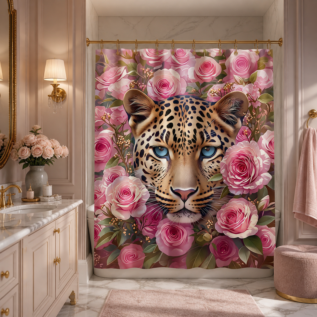 Rose leopard shower curtain in an elegant bathroom with gold accents