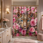 Rose leopard shower curtain in an elegant bathroom with gold accents