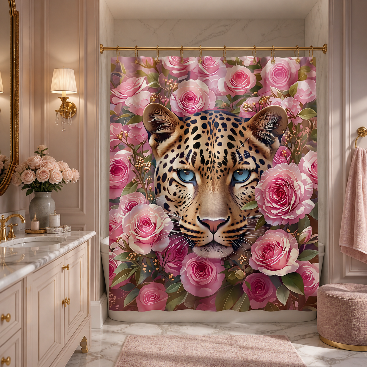 Rose leopard shower curtain in an elegant bathroom with gold accents