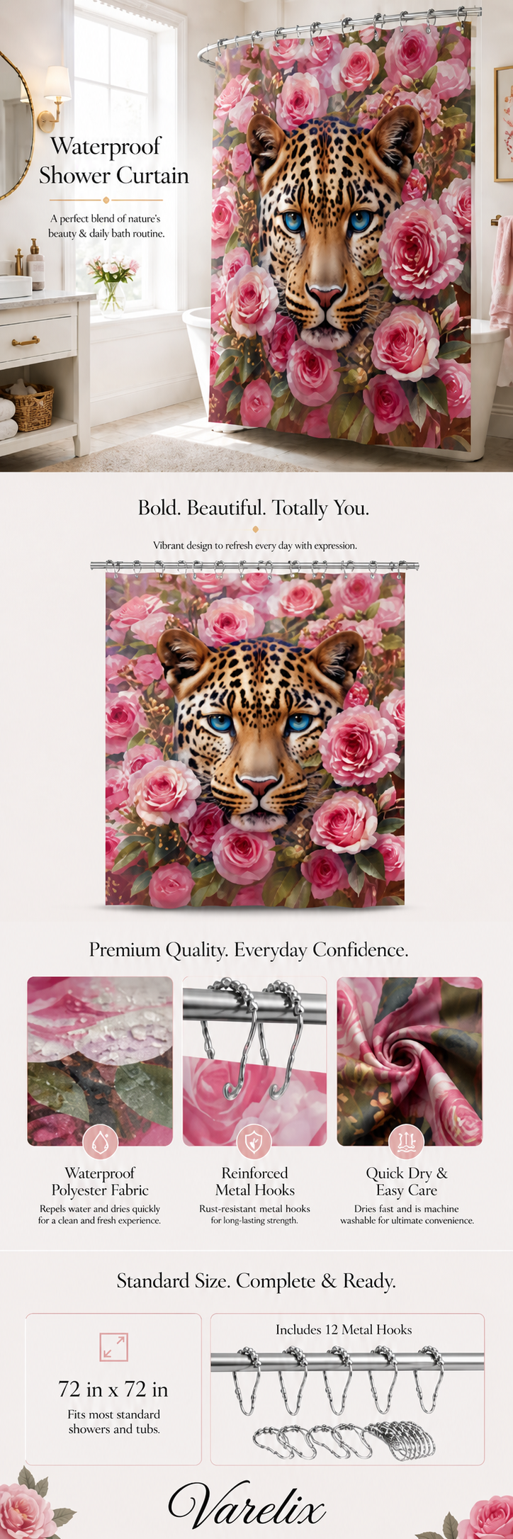 Rose leopard shower curtain infographic with waterproof fabric and size details