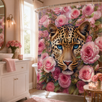 Leopard and pink rose shower curtain in a feminine bathroom setting