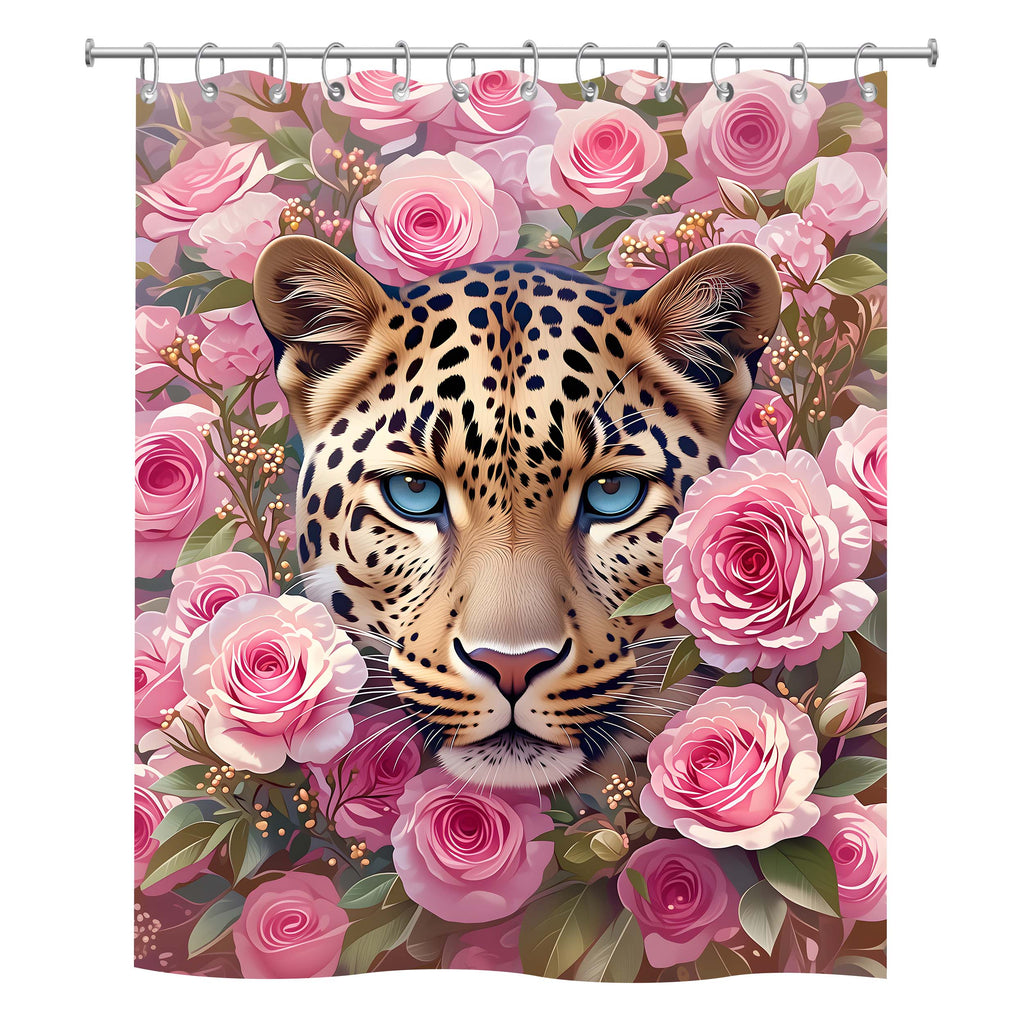 Leopard face shower curtain surrounded by pink roses and green leaves