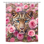 Leopard face shower curtain surrounded by pink roses and green leaves