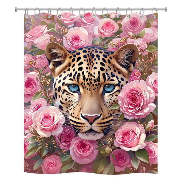 Leopard face shower curtain surrounded by pink roses and green leaves