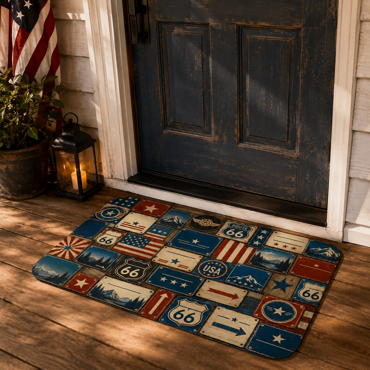 Classic Americana Route 66 license plate mat on a rustic wooden deck next to a US flag.