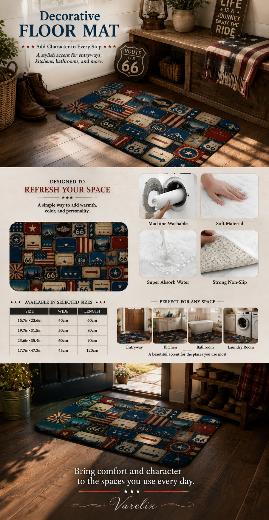 Size chart and feature guide for the Route 66 road trip rug showing washable fabric details.