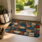 Retro Americana Route 66 license plate welcome mat inside a bright front door entryway.