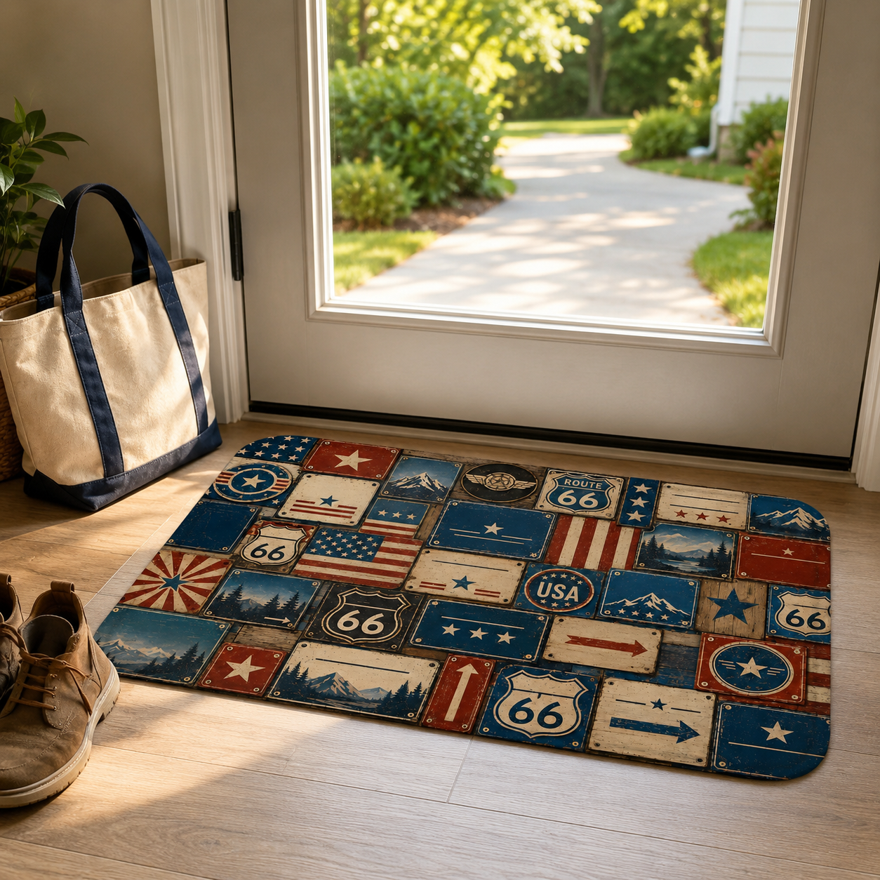 Retro Americana Route 66 license plate welcome mat inside a bright front door entryway.