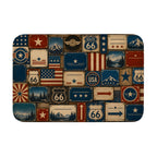 Vintage Route 66 license plate style doormat with rustic patriotic Americana designs.