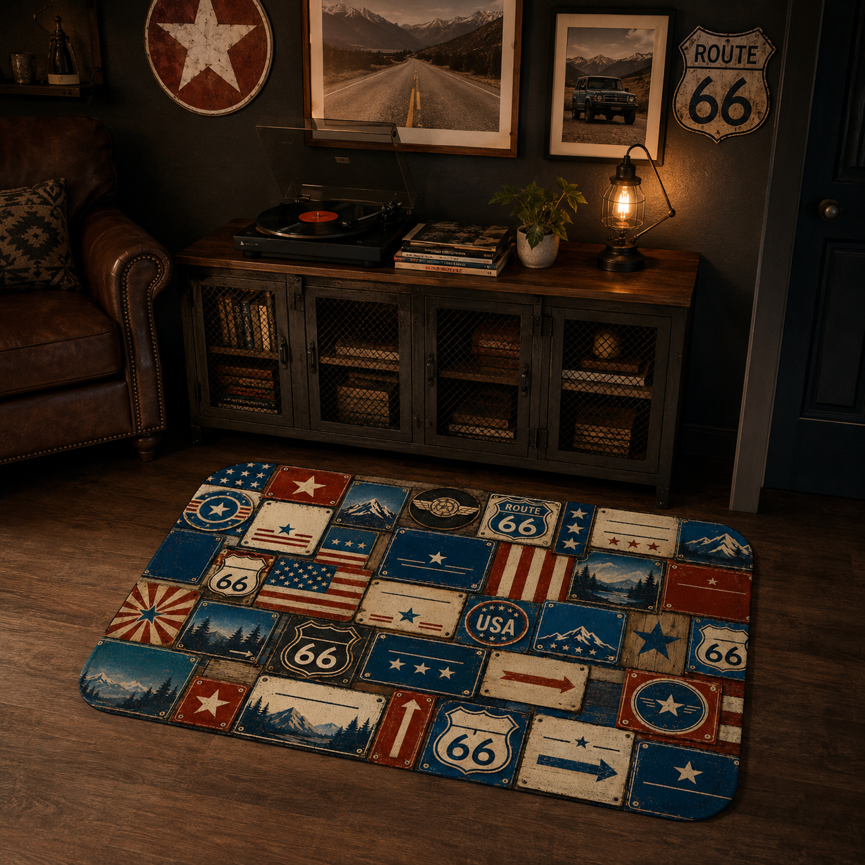 Rustic road trip style Route 66 area mat in a cozy lounge room under a wooden cabinet.