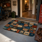 Vintage patriotic theme Route 66 floor mat on a grey concrete floor in a garage workshop.