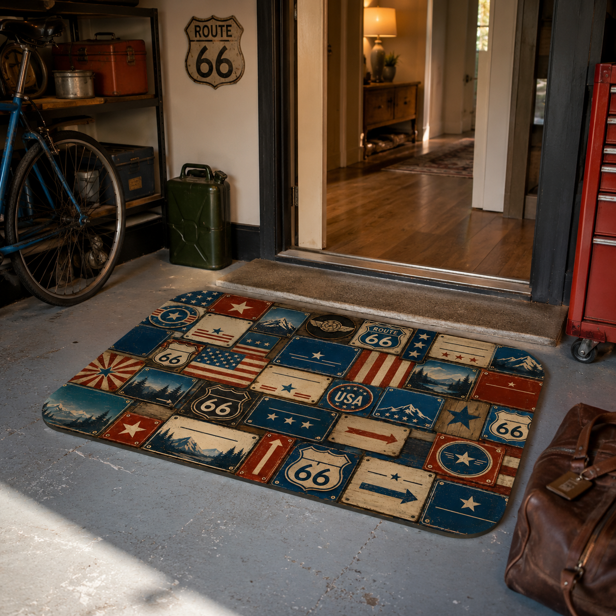 Vintage patriotic theme Route 66 floor mat on a grey concrete floor in a garage workshop.