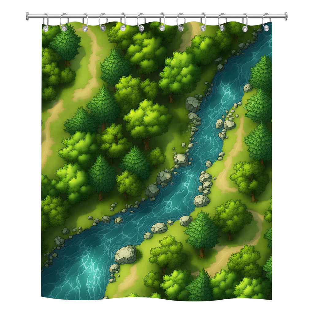 Artistic top-down RPG map style shower curtain featuring a lush green forest, hiking paths, and a winding blue river.
