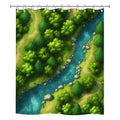 Artistic top-down RPG map style shower curtain featuring a lush green forest, hiking paths, and a winding blue river.