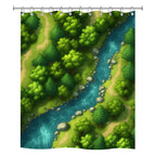 Artistic top-down RPG map style shower curtain featuring a lush green forest, hiking paths, and a winding blue river.