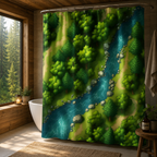 Fantasy RPG forest map shower curtain hanging in a cozy wooden cabin bathroom with a large window.