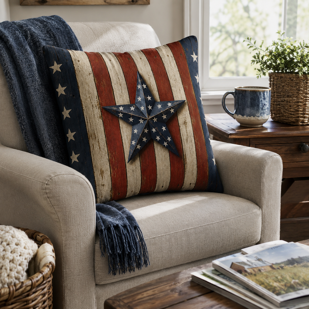 Patriotic Americana rustic star pillow cover resting on a cozy cream armchair.