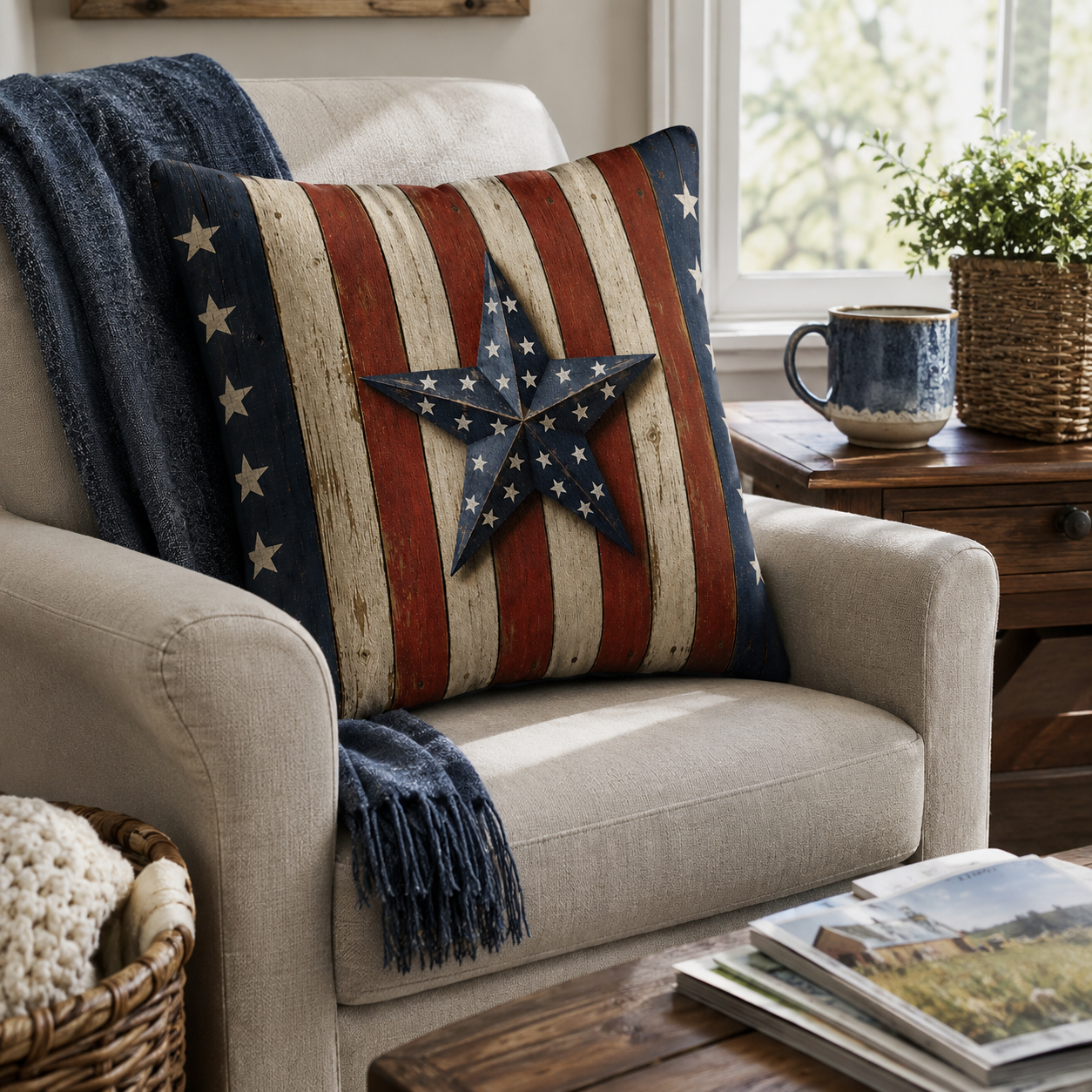 Patriotic Americana rustic star pillow cover resting on a cozy cream armchair.