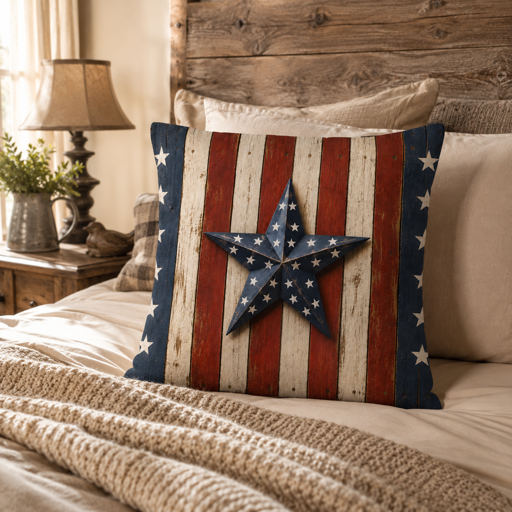 Farmhouse style Americana star throw pillow cover on a bed with neutral linens.