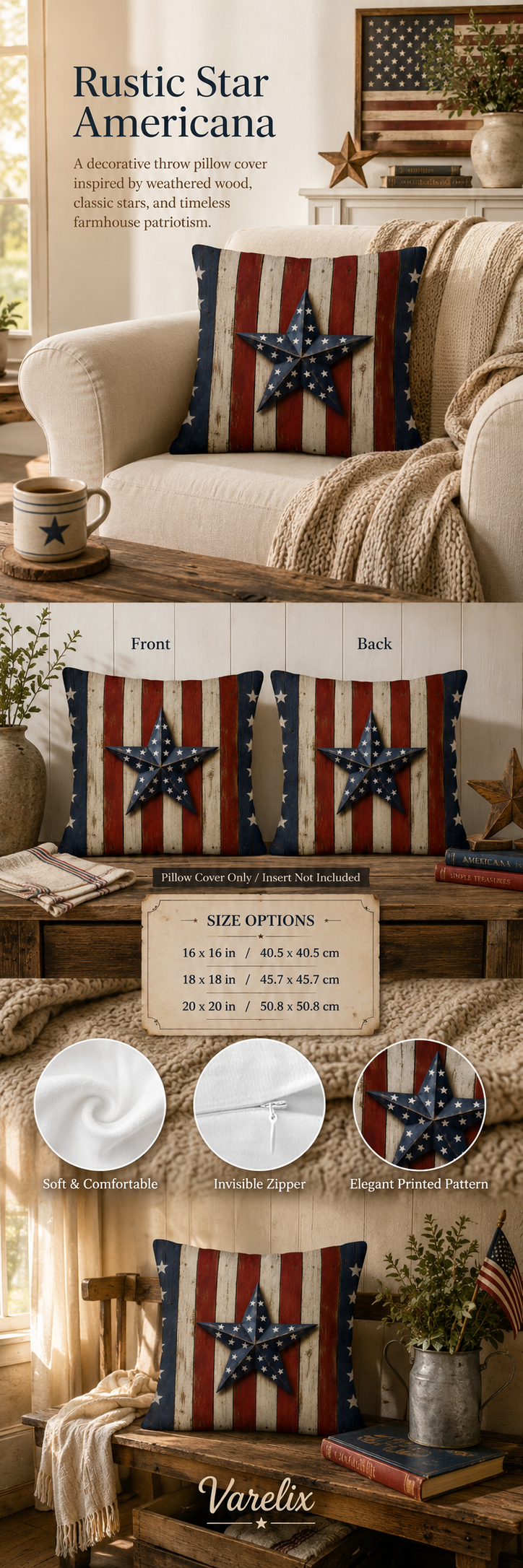 Product infographic for rustic Americana star pillow cover showing sizes, zipper detail, and fabric texture.
